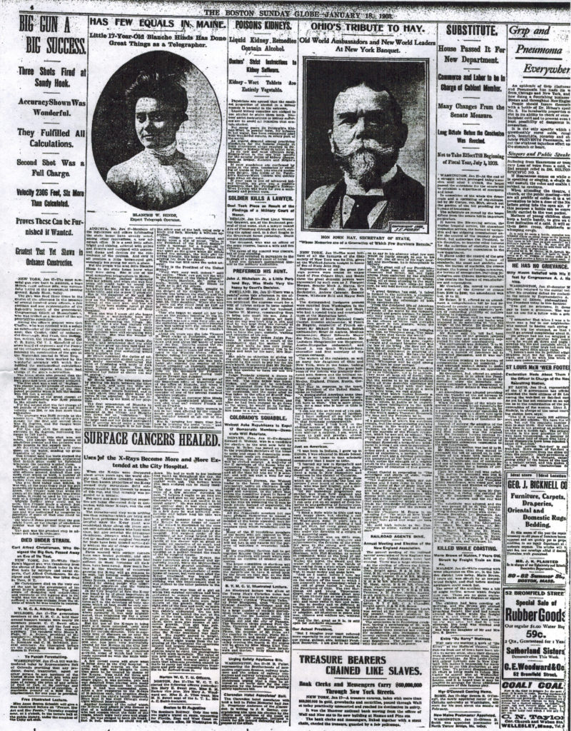 18 Jan 1903 Boston Globe photocopy of orginal article on Blanche Hinds, telepgraph operator, page 4 (1)